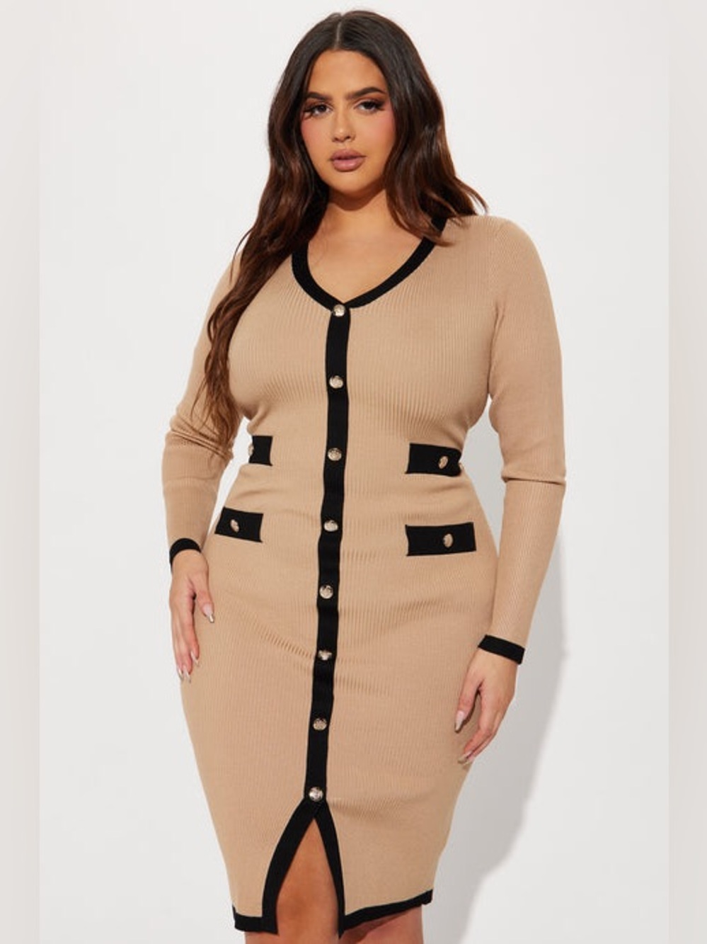 ✨ Endless Rose Beige Ribbed  Midi Dress with Contrast Trim Plus Size 1X  ✨ NWT